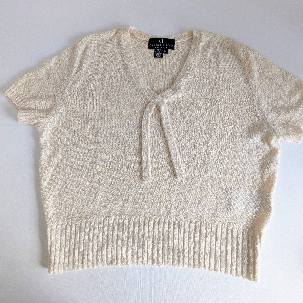 Vintage Carole Litty Boucle KNIT TOP Short Sleeve Yellow Cream Sz M 90s Feminine - Picture 2 of 12